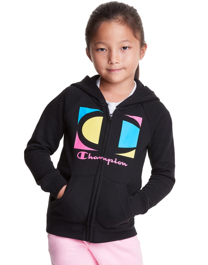 Champion Hoodie Meisjes - Zwart - Full Zip Colorblock C Logo ( 614730-QAI )